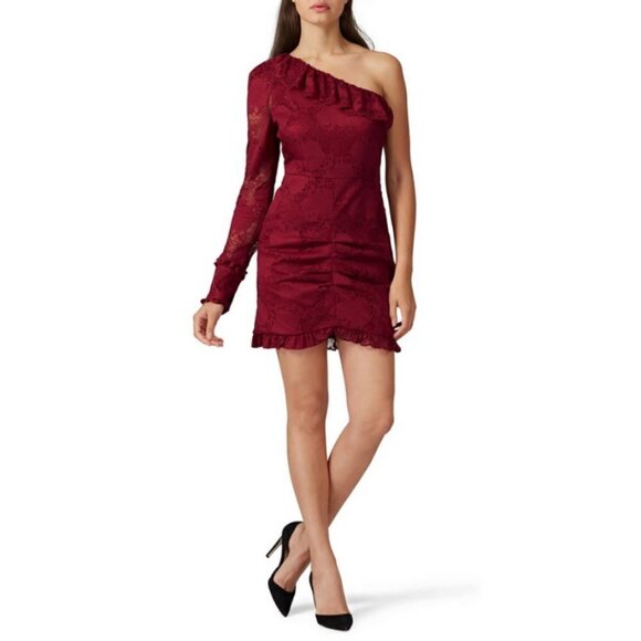 💕ALEXIS💕 Ilana Lace Long Sleeve Dress ~ Dark Red XS One Shoulder Sheath Dress - Picture 4 of 14